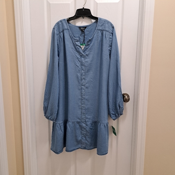 New! Buffalo David Bitton Chambray Dress Blue Denim Flowy Size XL Long Sleeved - Picture 2 of 10